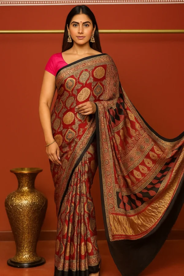 Modal Silk Ajrakh Lagdi Palla Saree (Red)