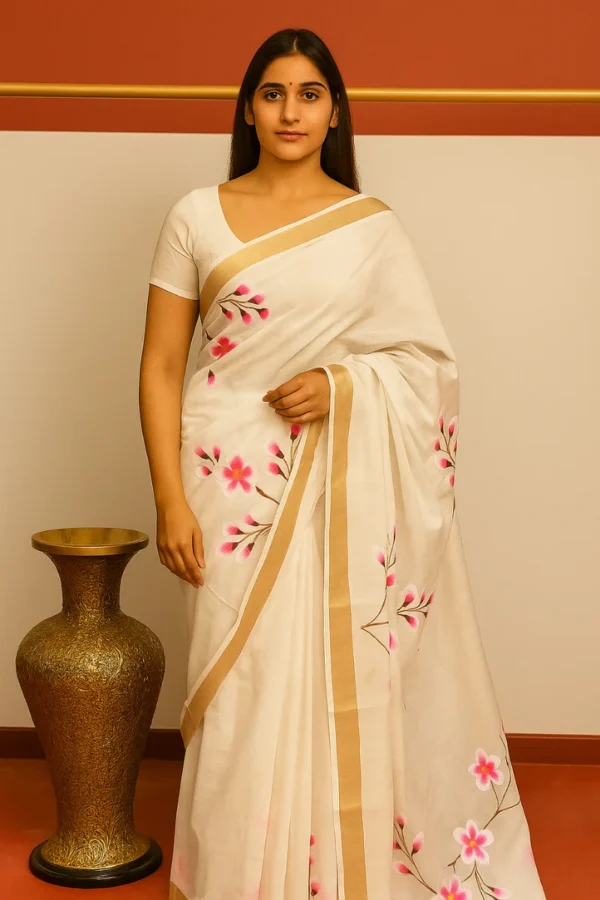 Kerala Cotton Hand Paint Saree (White)