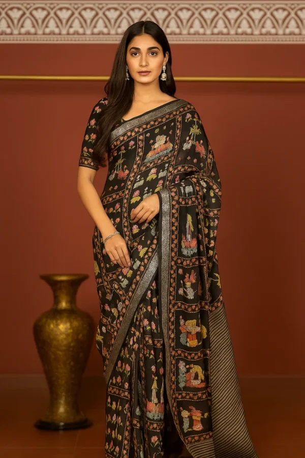 Pure Chanderi Pichhwai, Kalamkari Saree (Black)