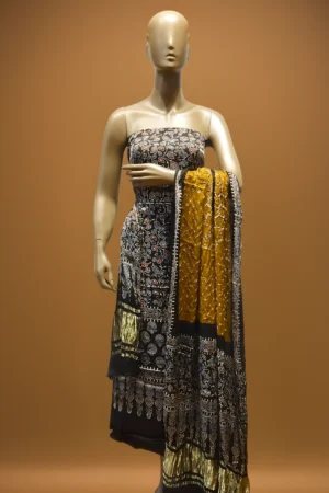 Premium modal silk Bandhani suit with hand block print