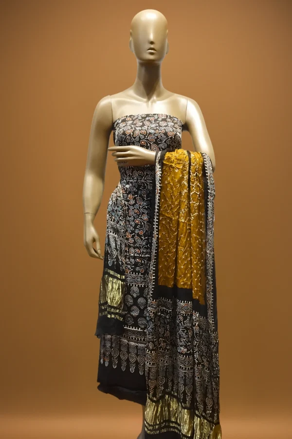 Premium modal silk Bandhani suit with hand block print