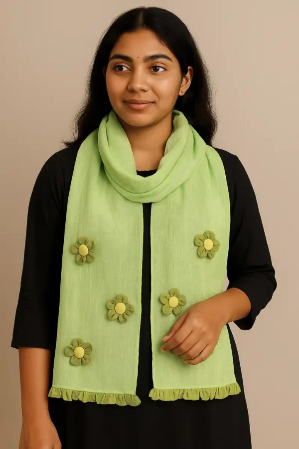 100% Cotton Stole with Flower (Green)