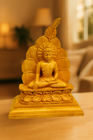 kadam wood buddha idol by kaarigar. enlightened pipal tree gautam buddha statue.