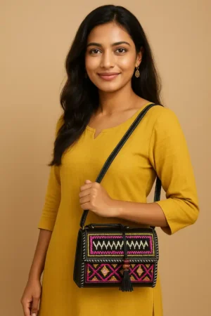 Bags rabari with leather embroidery by kaarigar brand crafted by karigar or artisan