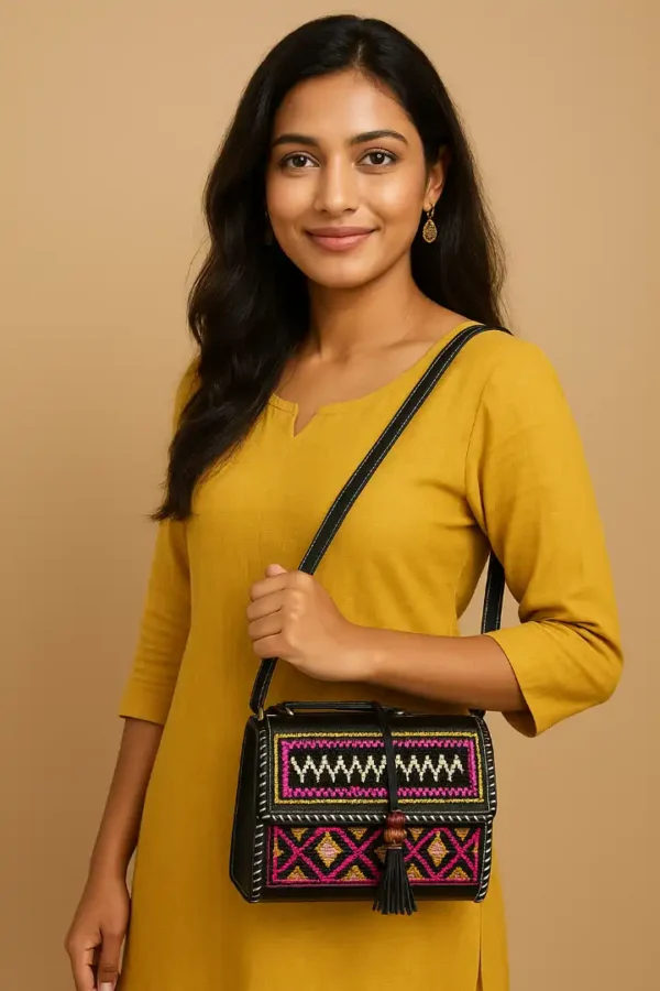 Bags rabari with leather embroidery by kaarigar brand crafted by karigar or artisan