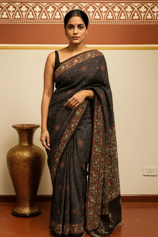 Pure Mulberry Silk Kantha Saree (Black)