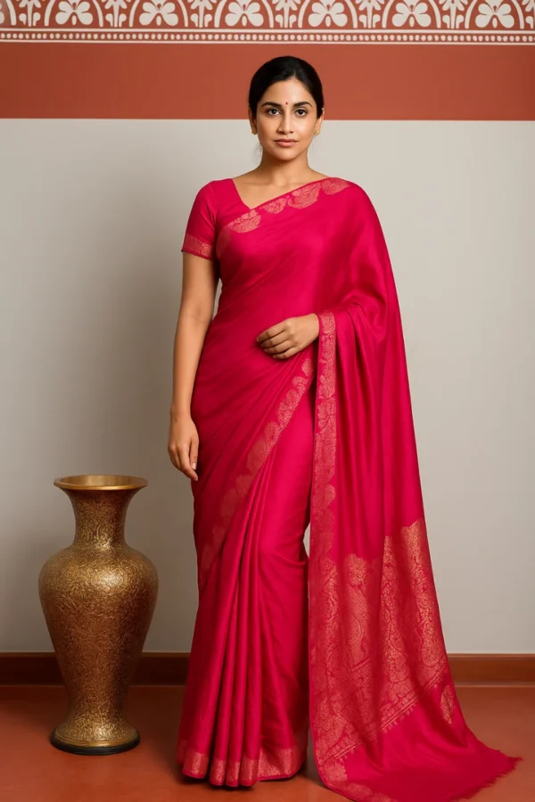 Vegan Silk Cow Border Nakshi Palla Saree (Pink)