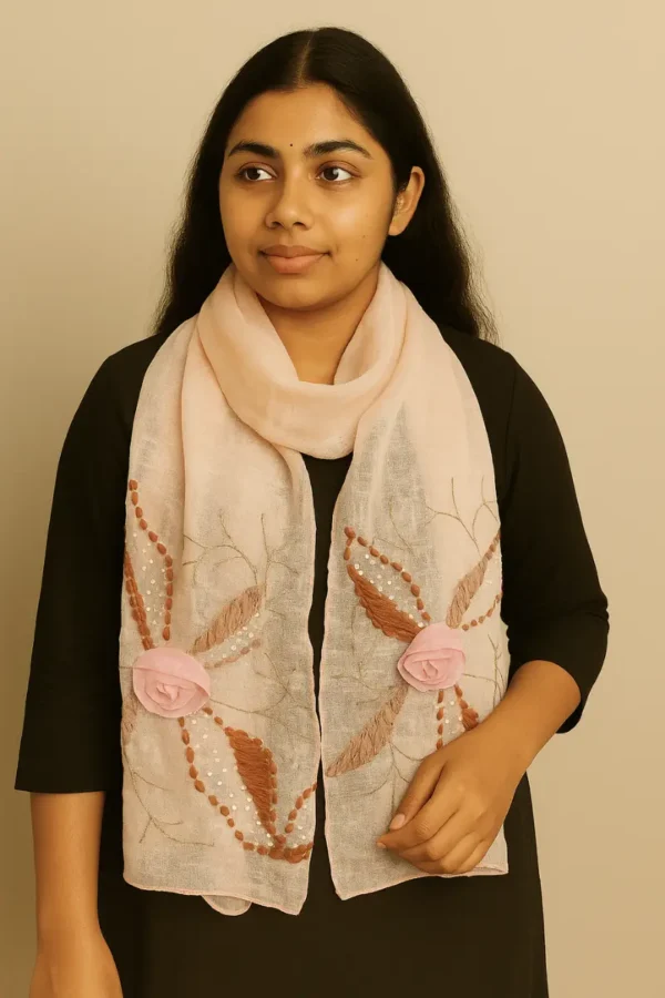 100% Linen Stole with Flower (Peach)