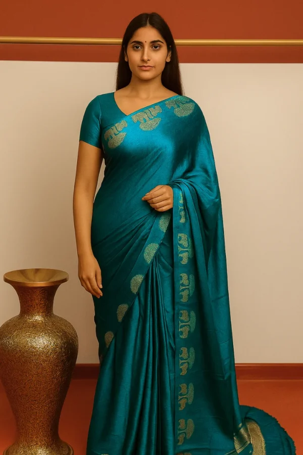Vegan Silk Cow Border Nakshi Palla Saree (Teal Green)