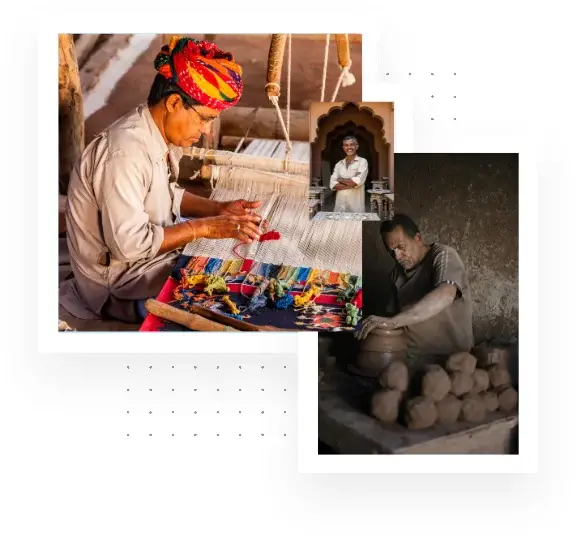 Kaarigar A colorful image collage of Indian artisans weaving fabric, crafting pottery, and smiling at their traditional workshop