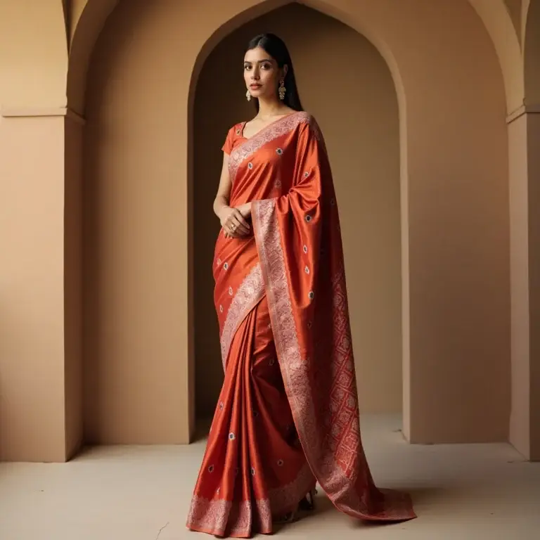 Woman wearing a traditional orange silk saree with intricate border, standing in an arched corridor – Kaarigar