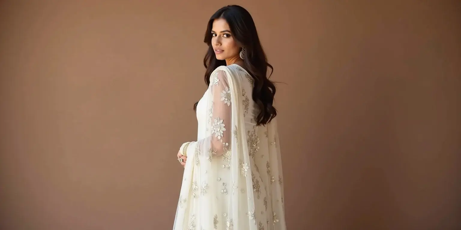 Woman in an off-white embroidered Indian suit with sheer floral dupatta, posing against a beige background – Kaarigar