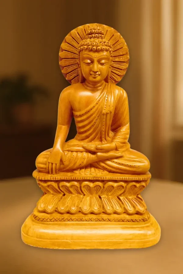 white wood meditating buddha by kaarigar handicrafts