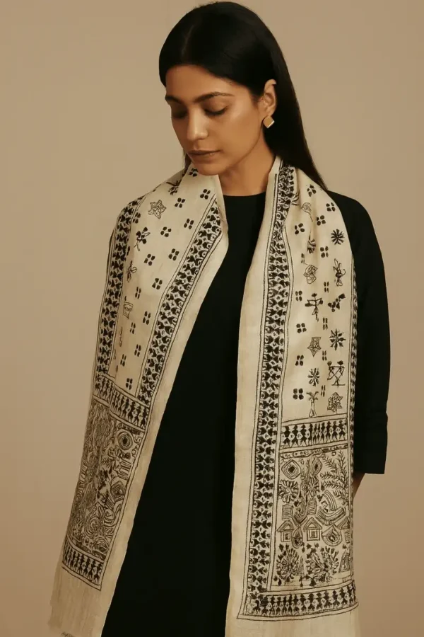 the best handloom women stole tusser silk with kantha stich by karigar