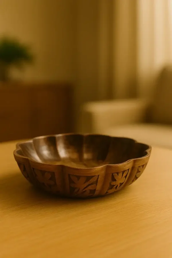 image of walnut wood bowl for dry fruits by kaarigar made by hands by skilled artisans also called karagiri / karigar