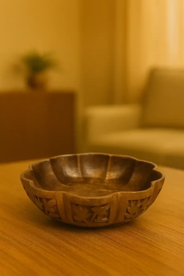 top shot image of walnut wood natural serving bowl for vegans