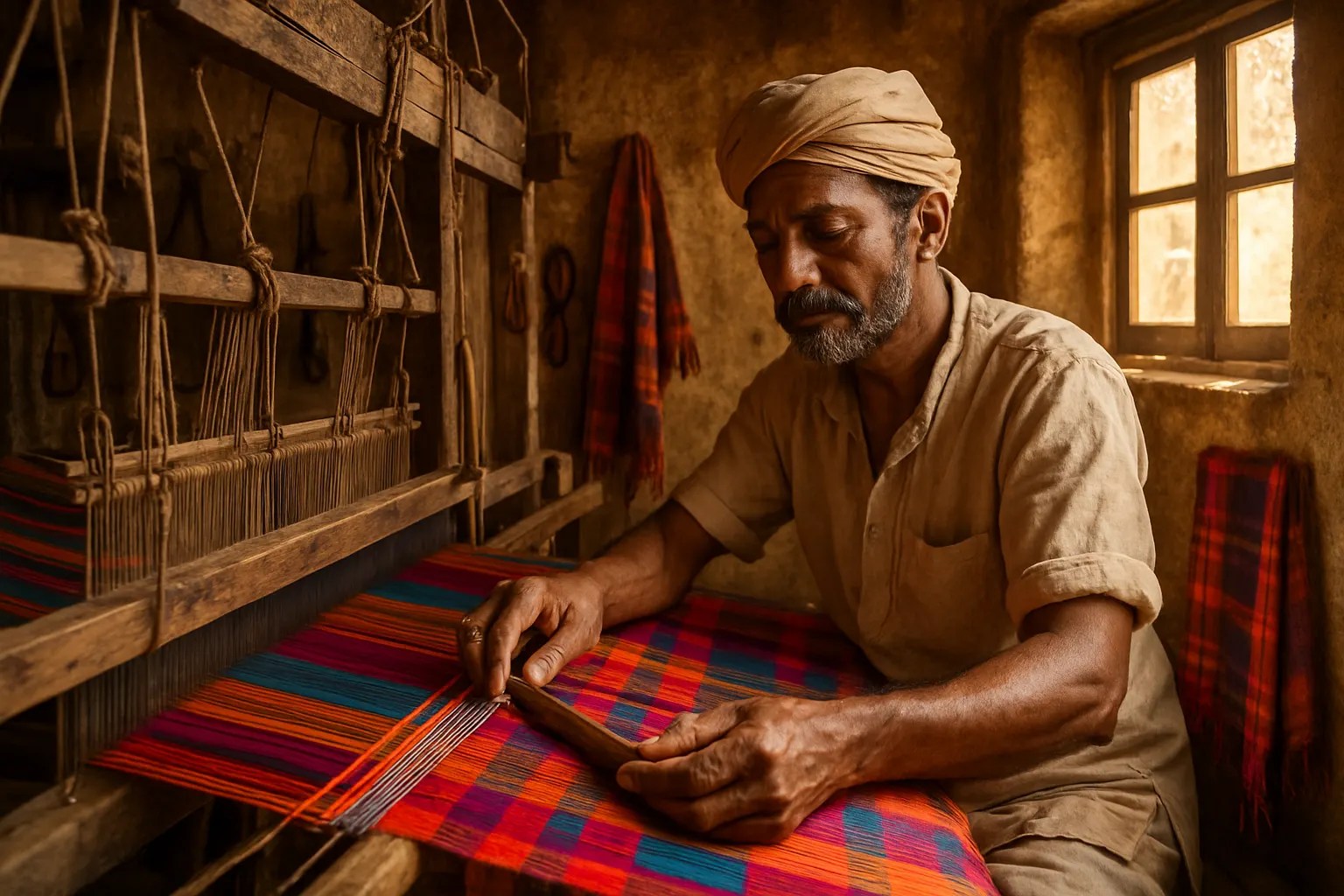 Kaarigar image of karigar using his karigari skills for making of handloom saree by kaarigar brand